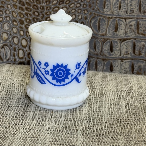 Hazel-Atlas Other - Hazel Atlas White Milk Glass Blue Sweet Pea Mustard Spice ApothecaryJars W/Lid
